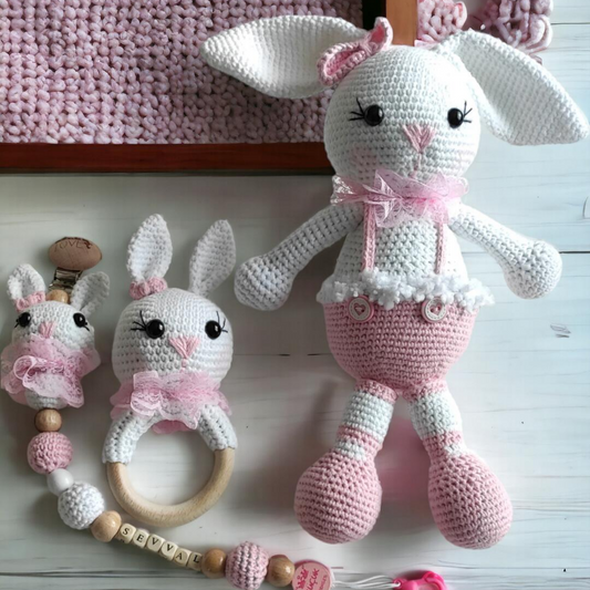 Hand Knitted Newborn Sleep Buddy, Rattle and Pacifier Chain Set - Pink