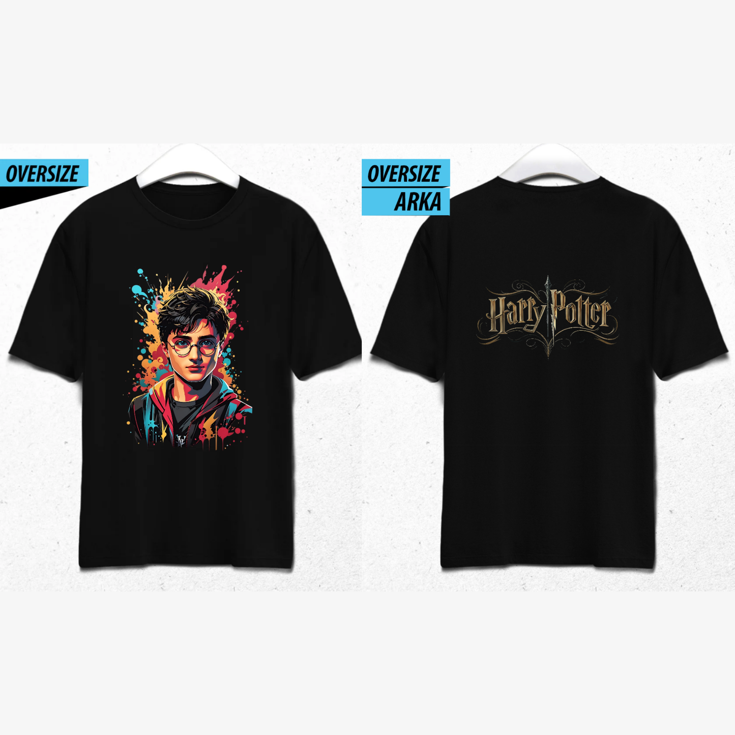 Renkli Harry Potter Oversize Ön ve Arka Yüzü Baskı T-shirt - %100 Pamuk