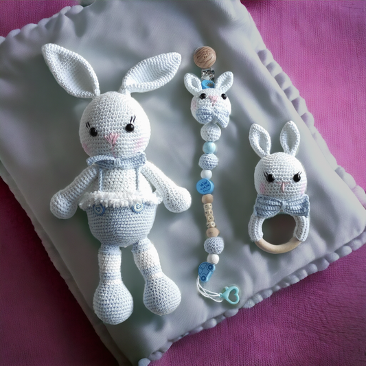 Hand Knitted Newborn Sleep Buddy, Rattle and Pacifier Chain Set - Blue