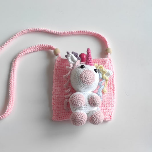Hand Knitted Unicorn Figured Phone Bag - Pink