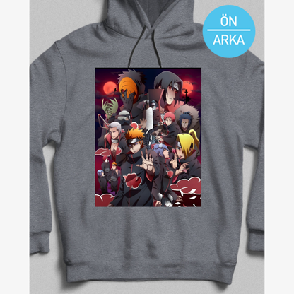 Naruto Akatsuki Ön ve Arka Yüzü Baskılı Kapüşonlu Sweatshirt - Pamuk