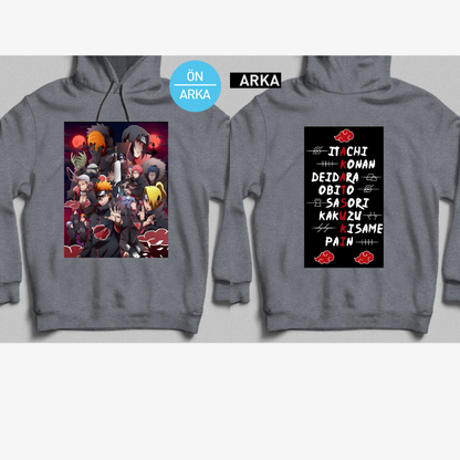 Naruto Akatsuki Ön ve Arka Yüzü Baskılı Kapüşonlu Sweatshirt - Pamuk