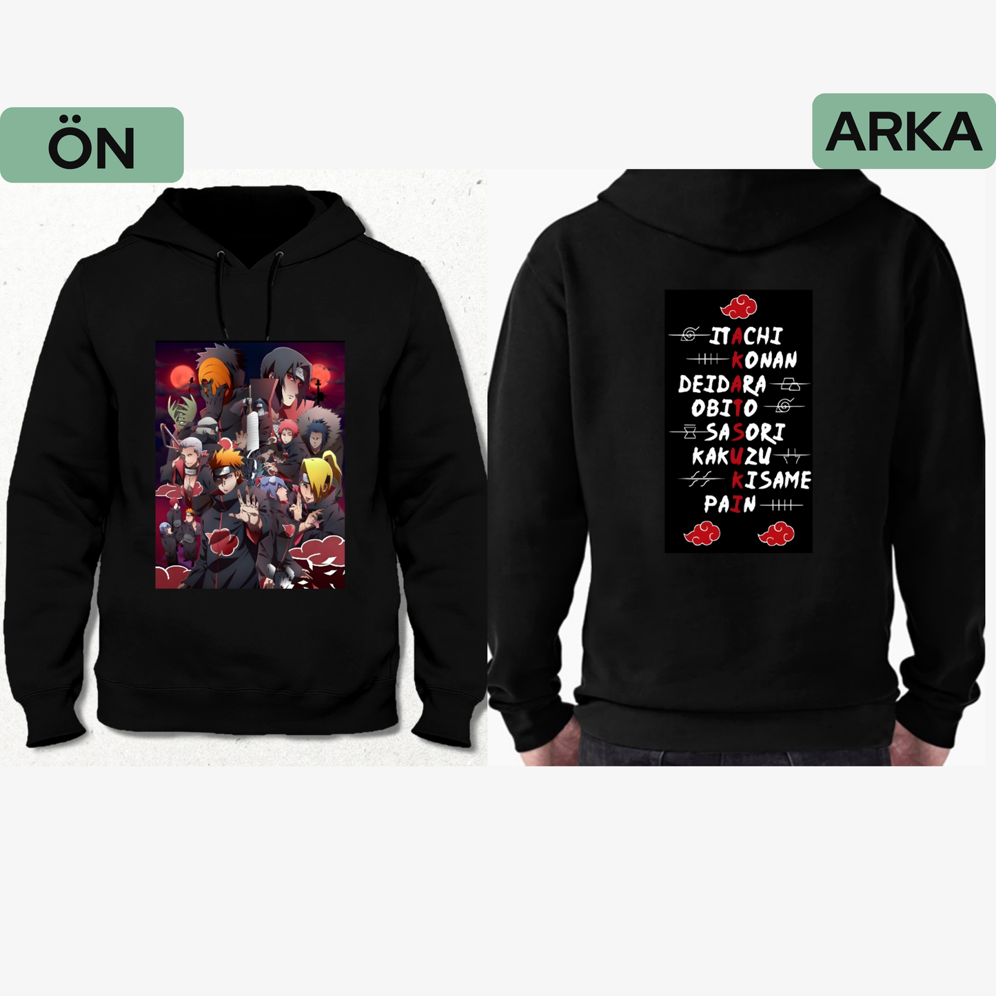 Naruto Akatsuki Ön ve Arka Yüzü Baskılı Kapüşonlu Sweatshirt - Pamuk