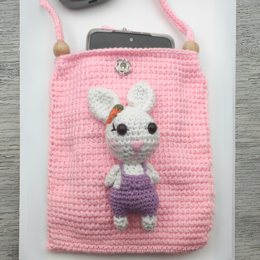 Hand Knitted Rabbit Figured Phone Bag - Pink