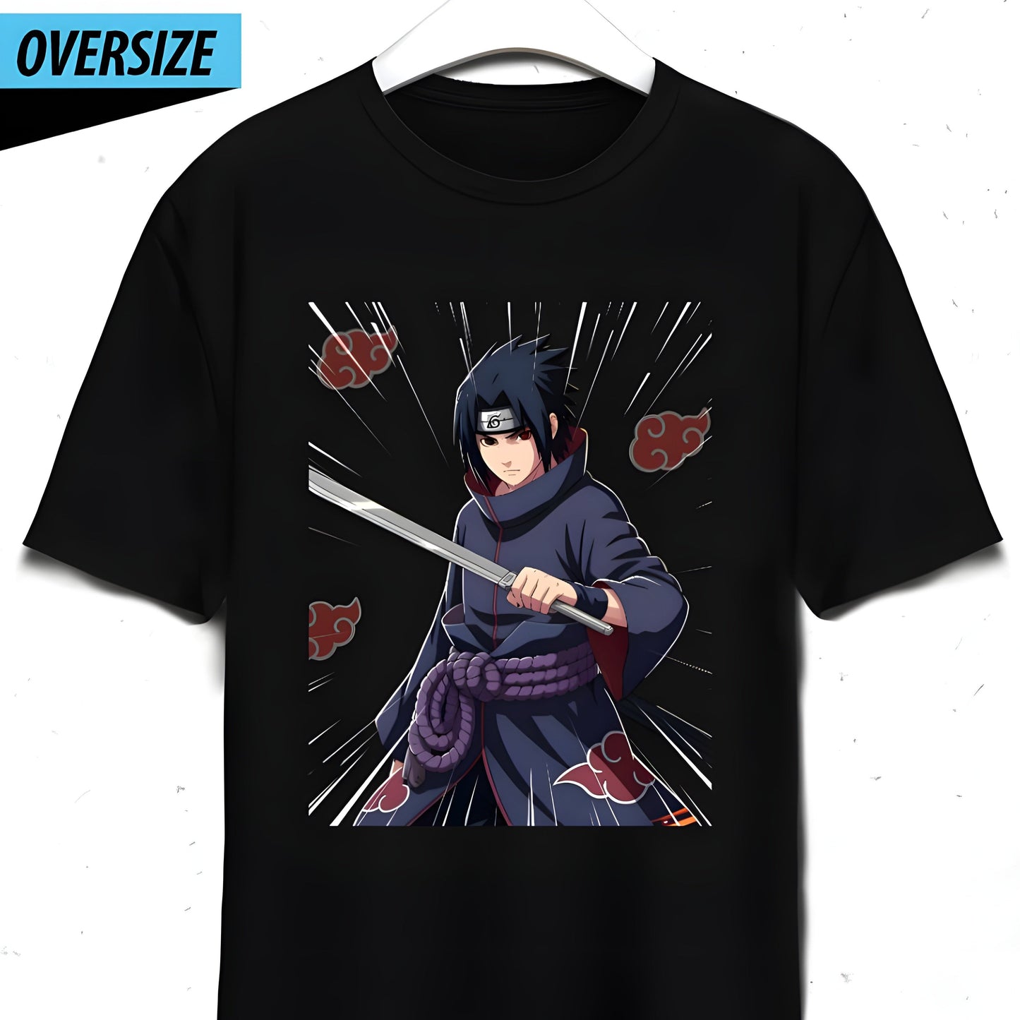 Akatsuki Sasuke Uchiha Oversize Ön ve Arka Yüzü Baskılı T-Shirt