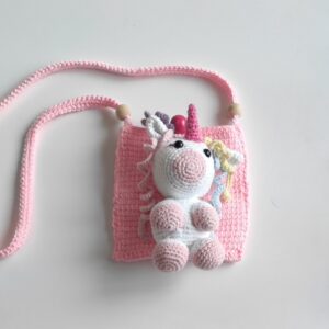 Hand Knitted Unicorn Figured Phone Bag - Pink